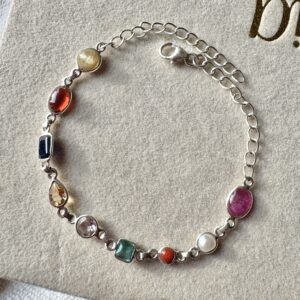 Real Navratna Gemstones Minimal Bracelet in 92.5 Silver