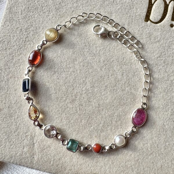 Real Navratna Gemstones Minimal Bracelet in 92.5 Silver