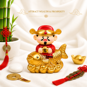 God of Wealth Riding on Golden Koi Fish
