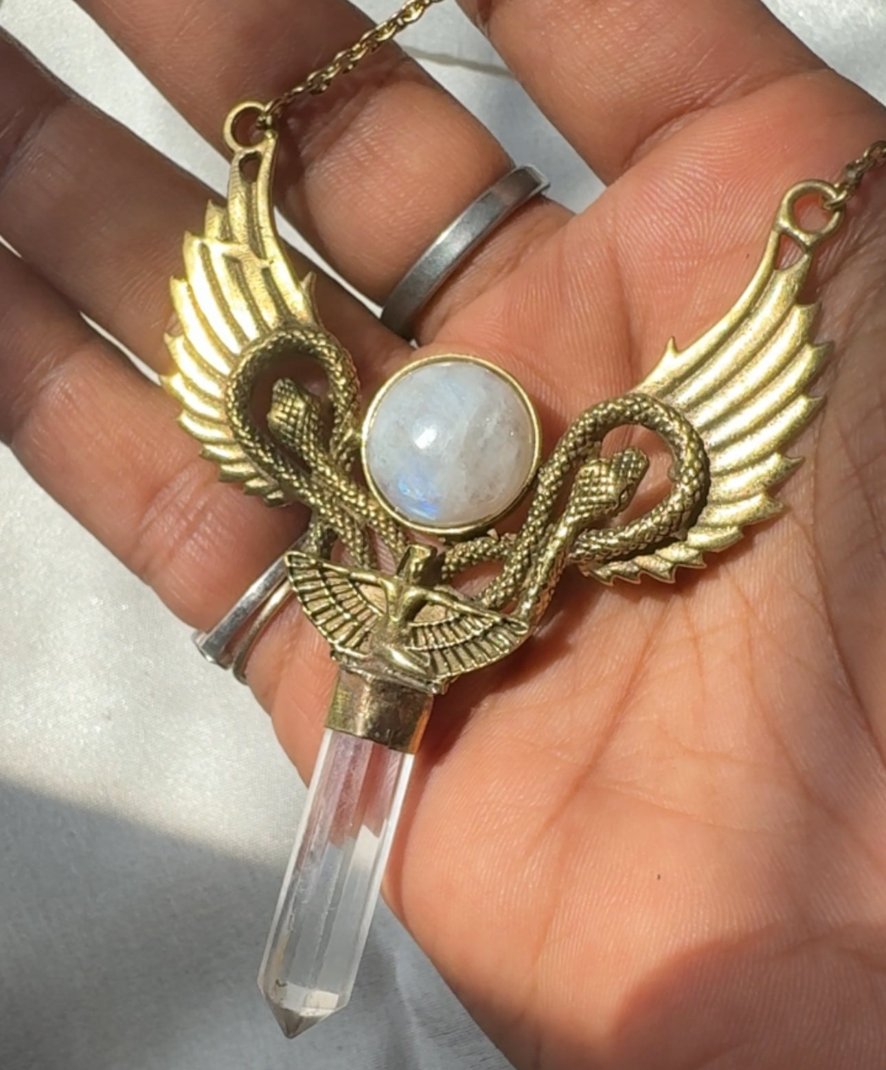 Goddess Iris & Serpent with Wings Clearquartz & Moonstone Necklace